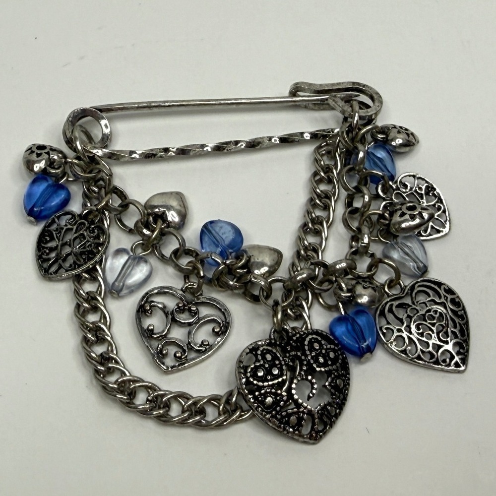 VTG Heart Charm Cluster Lapel Pin Brooch Silver and Blue Beads Statement Jewelry - Picture 6 of 6